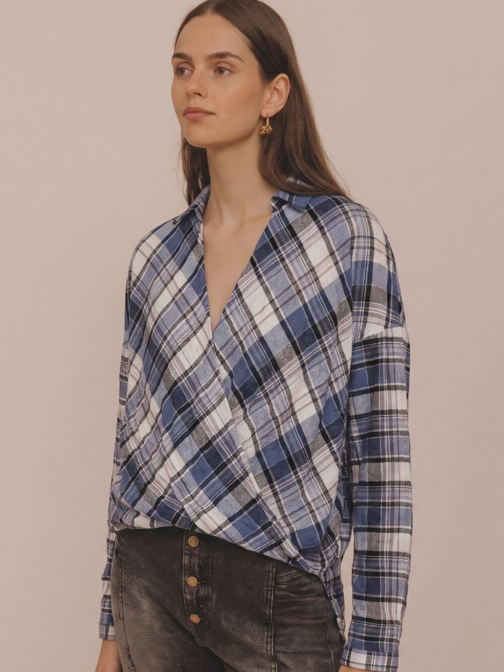 Mystree Plaid Hi-Low Faux Wrap Top
